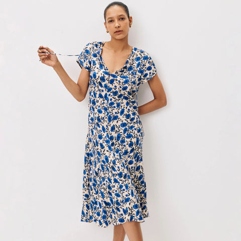 Short-sleeve slip dress in indigo daisy print
