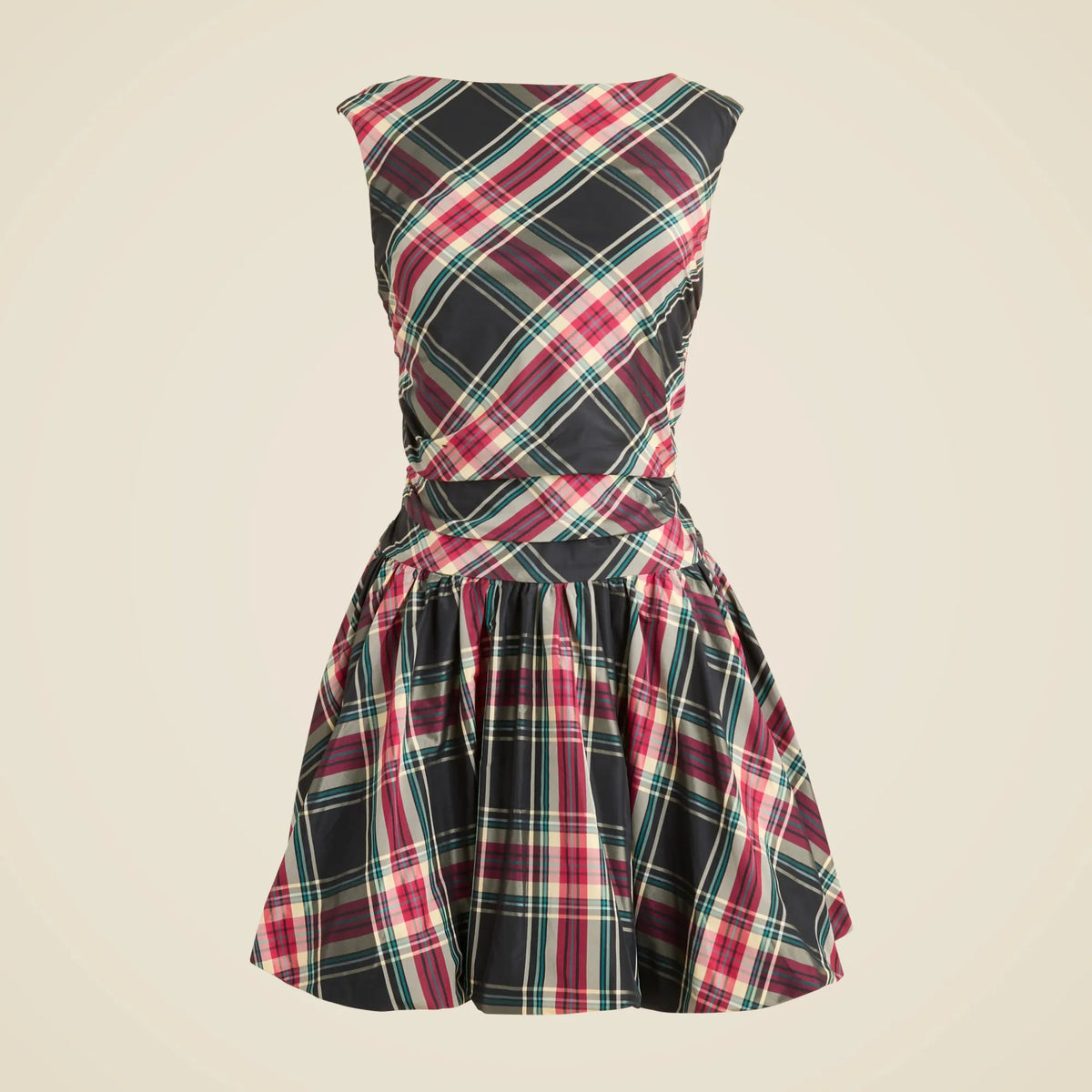 Ruched bubble-hem dress in Stewart tartan taffeta