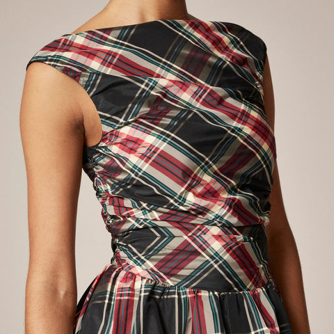 Ruched bubble-hem dress in Stewart tartan taffeta