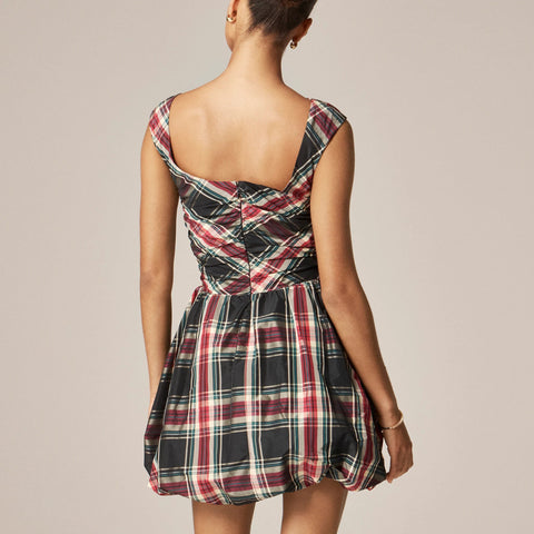 Ruched bubble-hem dress in Stewart tartan taffeta