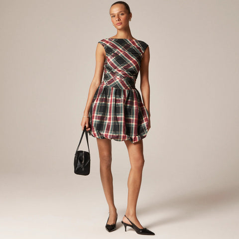 Ruched bubble-hem dress in Stewart tartan taffeta