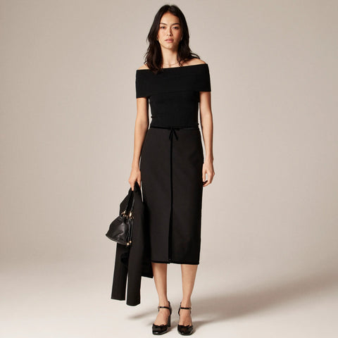 Pencil midi skirt with velvet trim in four-season stretch