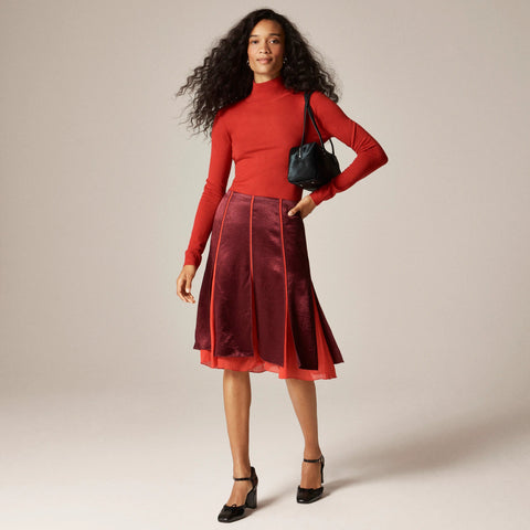 Paneled midi slip skirt in textured satin chiffon