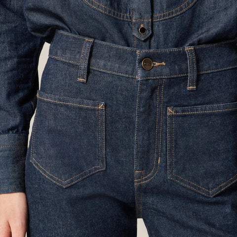 Full-length slim-wide jean with patch pockets