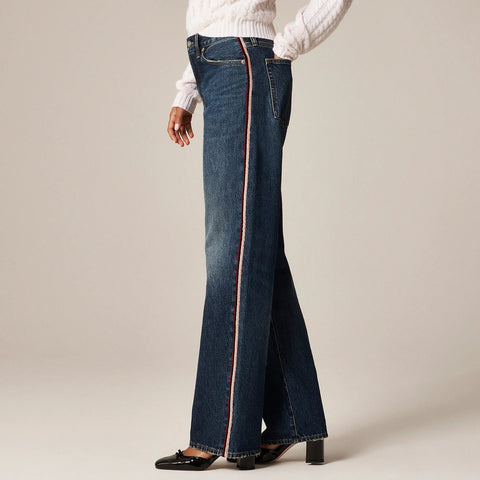 Petite mid-rise relaxed straight jean with velvet stripe