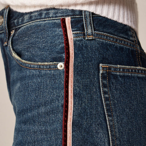 Petite mid-rise relaxed straight jean with velvet stripe