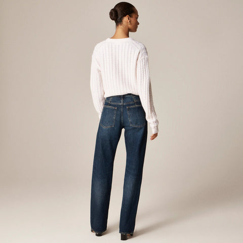 Petite mid-rise relaxed straight jean with velvet stripe