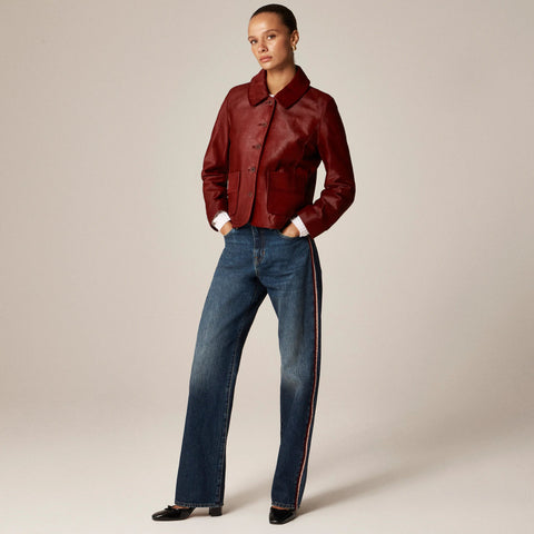 Petite mid-rise relaxed straight jean with velvet stripe