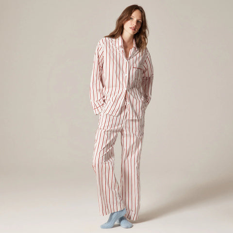 Cotton poplin long-sleeve pajama pant set in peppermint stripe