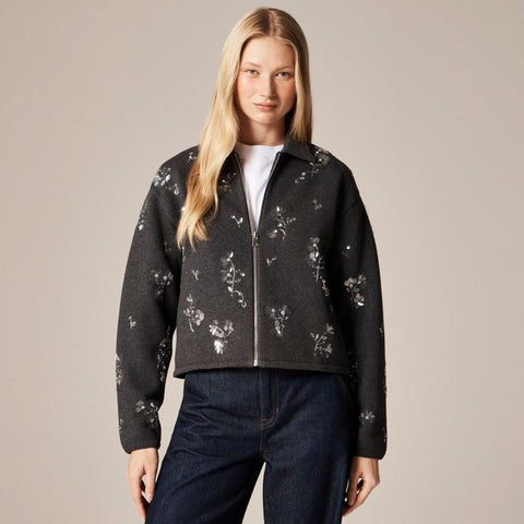 Embellished bomber jacket in heritage fleece
