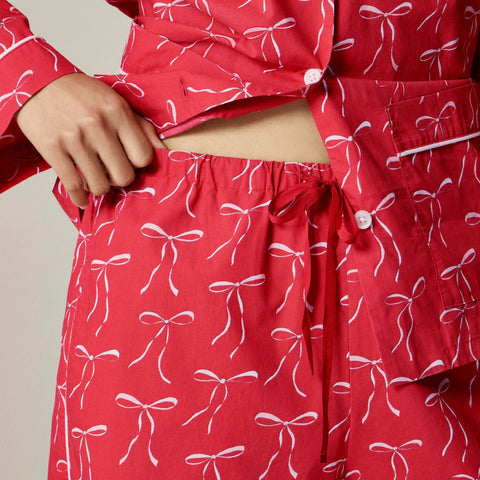 Cotton poplin pajama pant set in vintage bow print