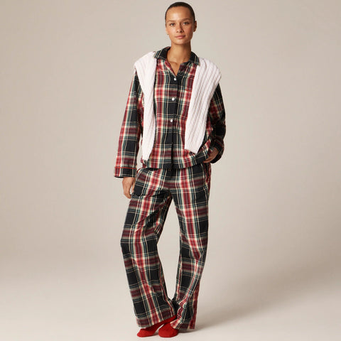 Cotton poplin long-sleeve pajama pant set in Stewart tartan