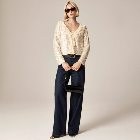 Sequin ruffle-trim shirt with ties