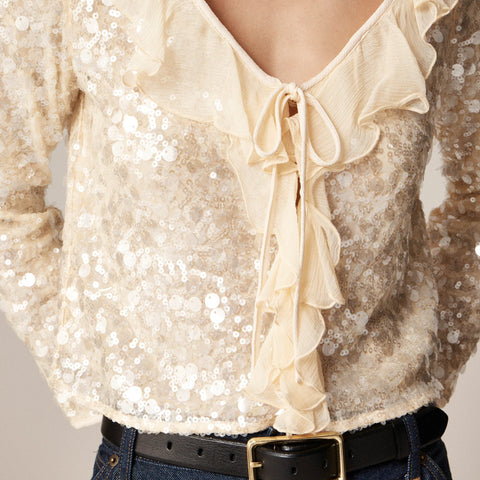 Sequin ruffle-trim shirt with ties