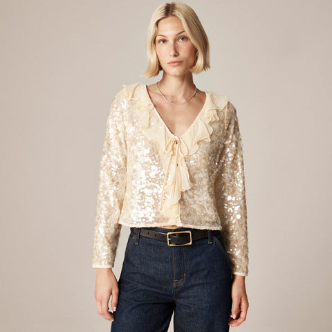 Sequin ruffle-trim shirt with ties
