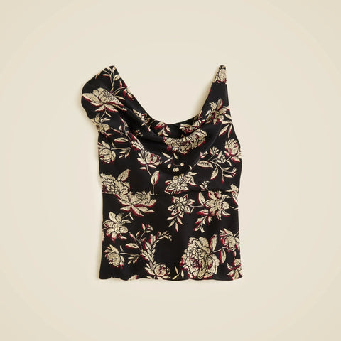 Asymmetrical cowlneck top in floral crepe de chine