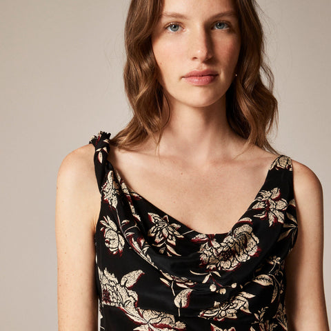 Asymmetrical cowlneck top in floral crepe de chine