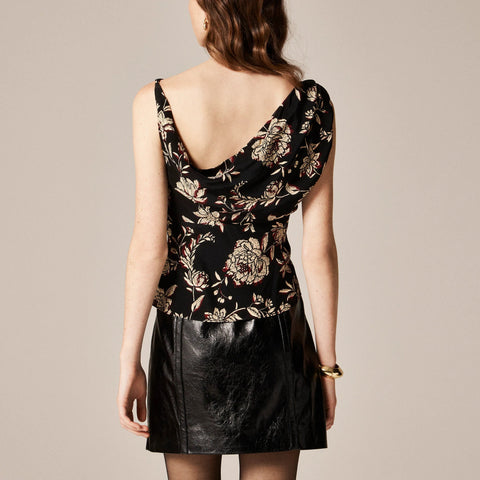 Asymmetrical cowlneck top in floral crepe de chine