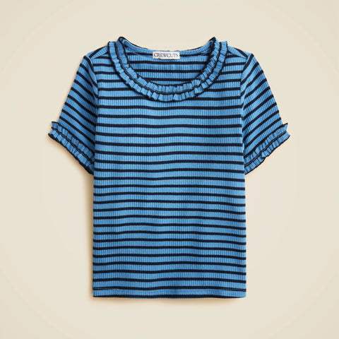 Girls' short-sleeve ruffle-trim T-shirt in striped vintage rib