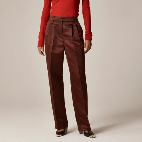 Petite wide-leg pleated pant in duchesse satin