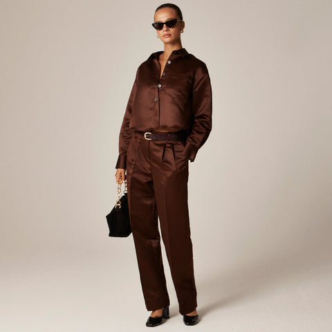 Petite wide-leg pleated pant in duchesse satin