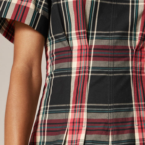 Short-sleeve midi dress in tartan cotton blend