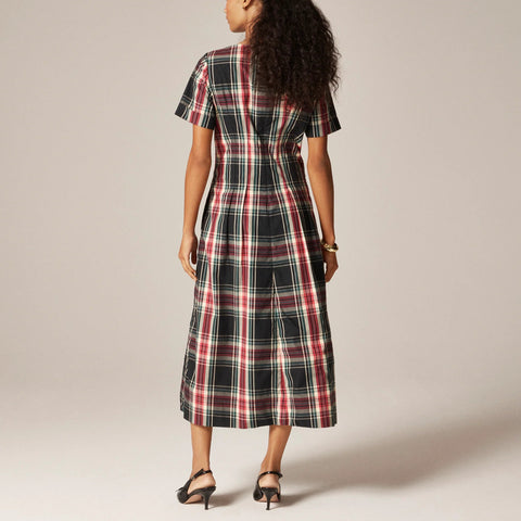 Short-sleeve midi dress in tartan cotton blend