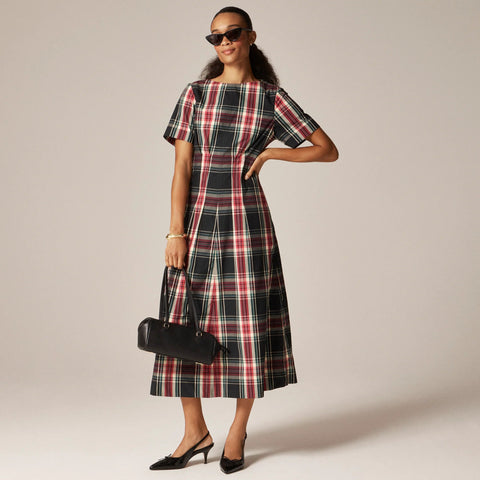 Short-sleeve midi dress in tartan cotton blend