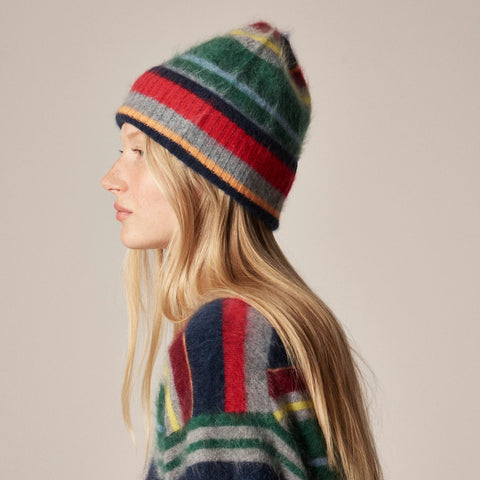 Brushed cashmere beanie in multistripe