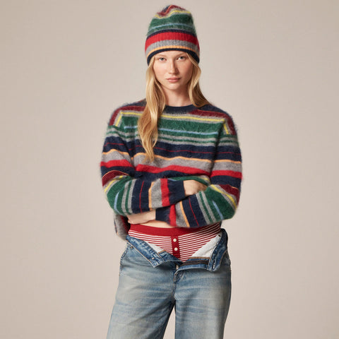 Brushed cashmere beanie in multistripe