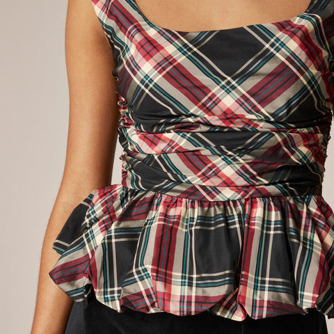 Scoopneck bubble-hem tank top in tartan