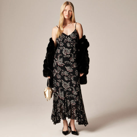 Flounce-hem slip dress in floral chiffon