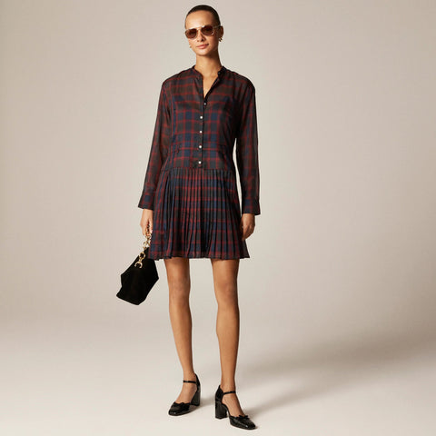 Pleated shirt-dress in Stewart tartan print