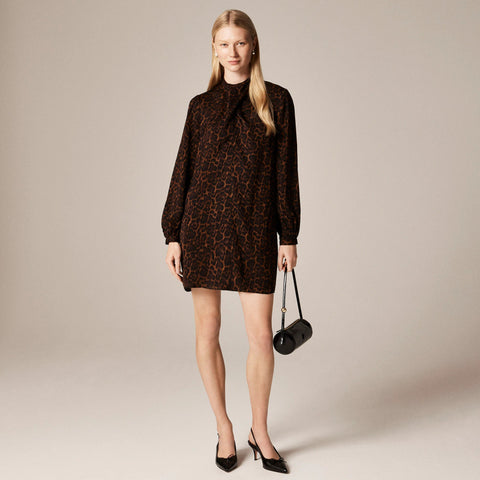 Scarf-neck shift dress in leopard print