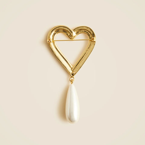 Crystal and pearl heart brooch