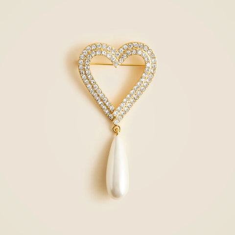 Crystal and pearl heart brooch