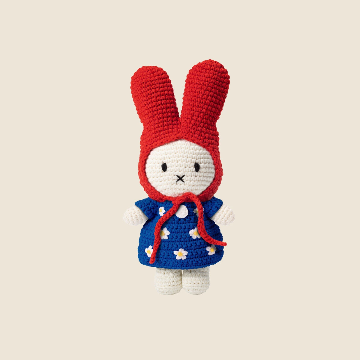 Just Dutch handmade Miffy doll in blue flower dress and red hat