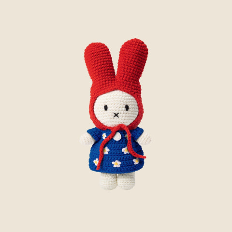 Just Dutch handmade Miffy doll in blue flower dress and red hat