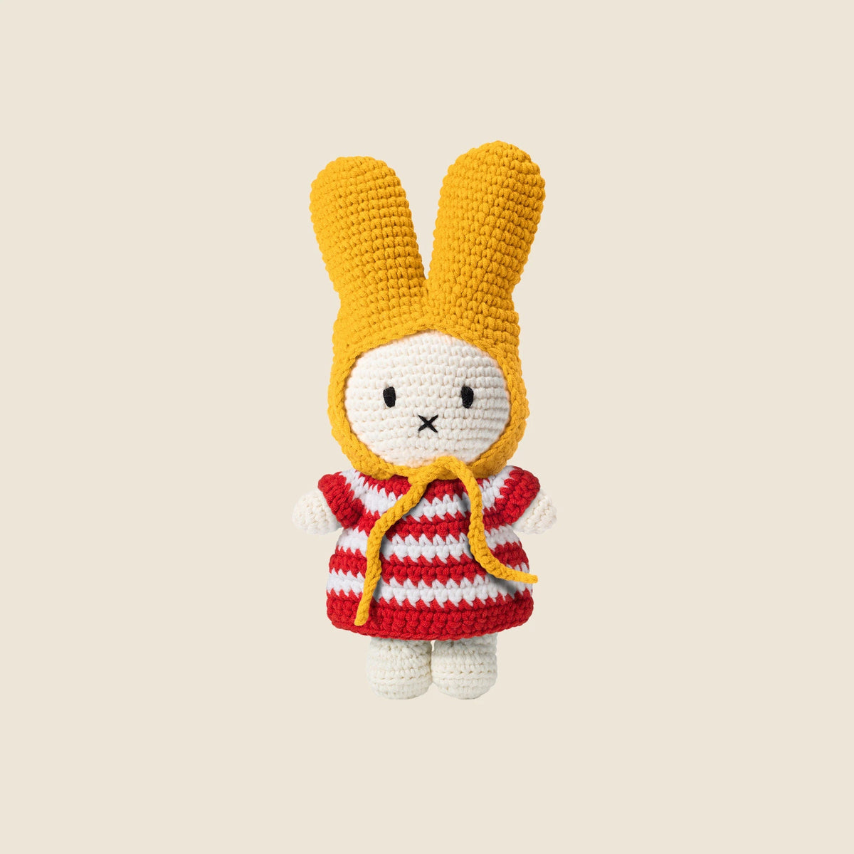 Just Dutch handmade Miffy doll in red striped dress and yellow hat